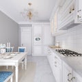 White kitchen with dining table in a classic style. The bright interior of the kitchen Royalty Free Stock Photo