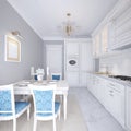 White kitchen with dining table in a classic style. The bright interior of the kitchen Royalty Free Stock Photo