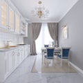 White kitchen with dining table in a classic style. The bright interior of the kitchen Royalty Free Stock Photo