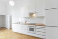 White kitchen, fresh renovated flat with wooden floor,