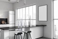 White kitchen interior with bar countertop and panoramic window. Mockup frame Royalty Free Stock Photo