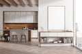 Light kitchen interior with art drawer and bar chairs near window. Mockup frame Royalty Free Stock Photo