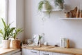 White kitchen interior with wooden countertop Royalty Free Stock Photo