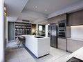 White kitchen island in a modern kitchen with a large glass sideboard with crockery with kitchen furniture in brown