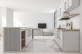 White kitchen and living room interior