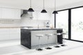 White kitchen marble bar, stools