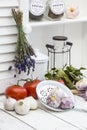 White Kitchen With Mediterranean Cuisine Ingredients Royalty Free Stock Photo