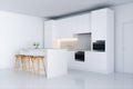 White kitchen in new interior with barstool 3d render