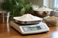 White kitchen scales with flour on it, home cooking process