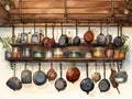 Kitchen Shelf With Pots And Pans From Hooks Royalty Free Stock Photo
