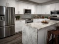 White kitchen with stainless steel appliances and granite counter tops Royalty Free Stock Photo