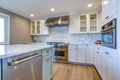 White Kitchen with stainless steel hood over gas cooktop.