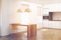 White kitchen, wooden floor side toned Royalty Free Stock Photo