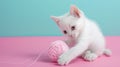 a white kitten as it plays gleefully with a pink ball of yarn against a soft pastel background, ensuring high-quality