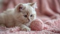 a white kitten as it plays gleefully with a pink ball of yarn against a soft pastel background, ensuring high-quality