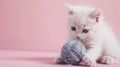 a white kitten as it plays gleefully with a pink ball of yarn against a soft pastel background, ensuring high-quality