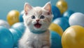 White kitten with blue eyes and yellow and blue balloons on blue background Royalty Free Stock Photo