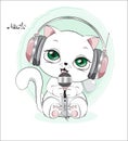 White kitten with earphones and microphone