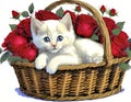 White kitten lying in a basket full of red roses Royalty Free Stock Photo