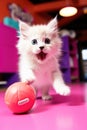 A white kitten playing with a red ball. Generative AI image. Royalty Free Stock Photo