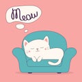 White kitten relaxing on cozy armchair in living room. Cat sleeping on sofa chair. Meow. Contour line doodle. Blue soft furniture Royalty Free Stock Photo