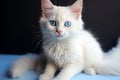 White kitten\'s charm enhanced by its mesmerizing blue-eyed gaze.