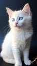 White kitten\'s charm enhanced by its mesmerizing blue-eyed gaze.