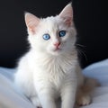 White kitten\'s charm enhanced by its mesmerizing blue-eyed gaze.