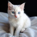 White kitten\'s charm enhanced by its mesmerizing blue-eyed gaze.