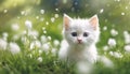 A white kitten is sitting in field of flowers Royalty Free Stock Photo