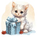 A white kitten sitting next to a blue gift box. Pets, Christmas clipart. Royalty Free Stock Photo