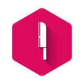 White Knife icon isolated with long shadow. Cutlery symbol. Pink hexagon button. Vector