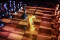 White knight staying against full set of black chess pieces. Closeup of chessboard with wooden pieces on table in sunlight, game Royalty Free Stock Photo