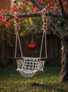 A white knitted swing hanging from a tree branch. Royalty Free Stock Photo