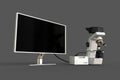 White electronic microscope, control block and empty screen isolated, photorealistic 3d illustration of object with fictional
