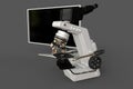 White laboratory microscope, cpu box and empty display isolated, photorealistic 3d illustration of object with fictive design, Royalty Free Stock Photo