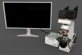 White laboratory microscope, system block and empty screen isolated, realistic medical 3d illustration with fictional design,