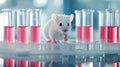 A white laboratory mouse explores a research area surrounded by test tubes filled with colorful liquid Royalty Free Stock Photo