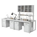 White Laboratory Workbench with Glassware and Storage Cabinets Royalty Free Stock Photo