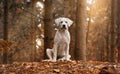 White Labrador dog puppy sitting in forest with autumn colours Royalty Free Stock Photo