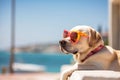 A white labrador dog resting on the beach. A seaside holiday concept with animals. Generative AI Royalty Free Stock Photo