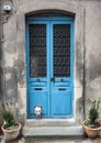 White Labrador with head sticking out of catflap in blue wooden door Royalty Free Stock Photo