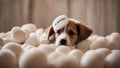 white labrador retriever A snoozing puppy with a comical sleep mask, lying on a bed of oversized marshmallows,