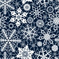 White lace crochet snowflakes seamless pattern on navy blue, vector Royalty Free Stock Photo