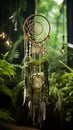 A white lace dream catcher featuring a constellation of pinprick LED lights, contrasted by a lush forest-green background