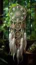 A white lace dream catcher featuring a constellation of pinprick LED lights