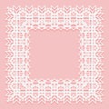 White lace frame of square shapes. Openwork edges of the napkin isolated on a pink background Royalty Free Stock Photo