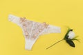 white lace pantie with beige knot and decorated with white flower on yellow background. Royalty Free Stock Photo