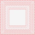 White lacy square doily isolated on a pink background. Openwork lace frame towel mat