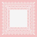 White lacy square napkin isolated on a pink background. Openwork lace frame